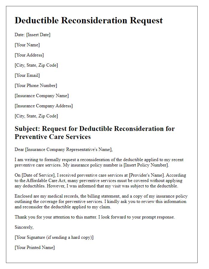 Letter template of deductible reconsideration for preventive care services