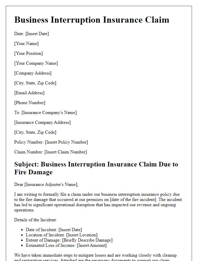 Letter template of business interruption insurance claim for fire damage.