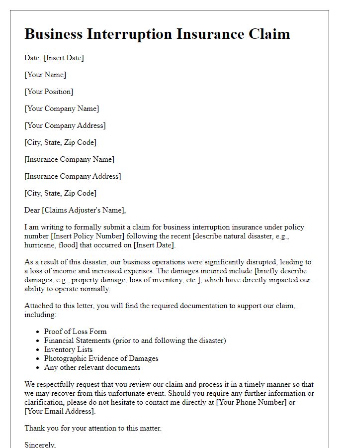 Letter template of business interruption insurance claim for natural disasters.