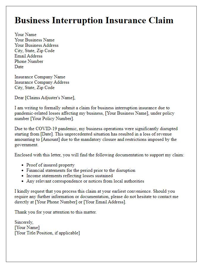 Letter template of business interruption insurance claim for pandemic-related losses.