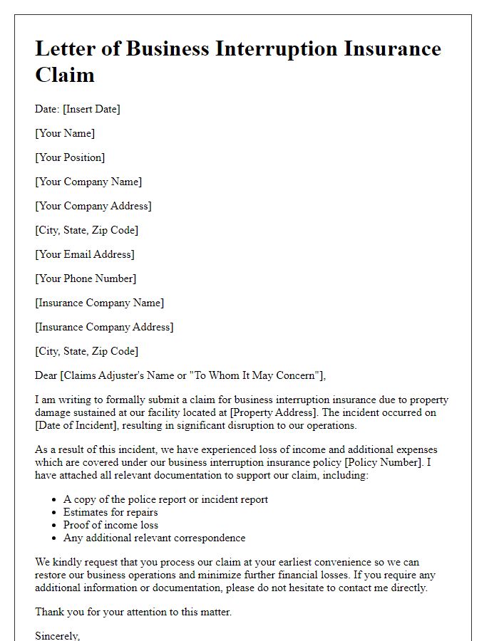 Letter template of business interruption insurance claim for property damage.