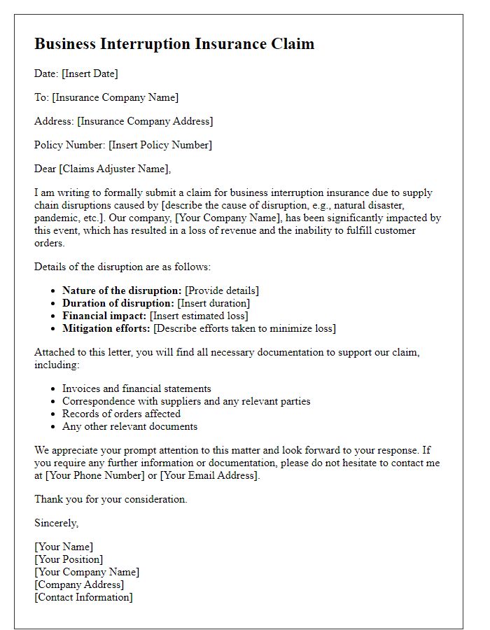 Letter template of business interruption insurance claim for supply chain disruptions.