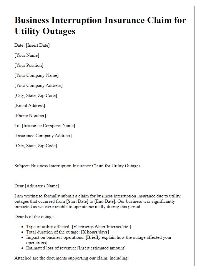 Letter template of business interruption insurance claim for utility outages.