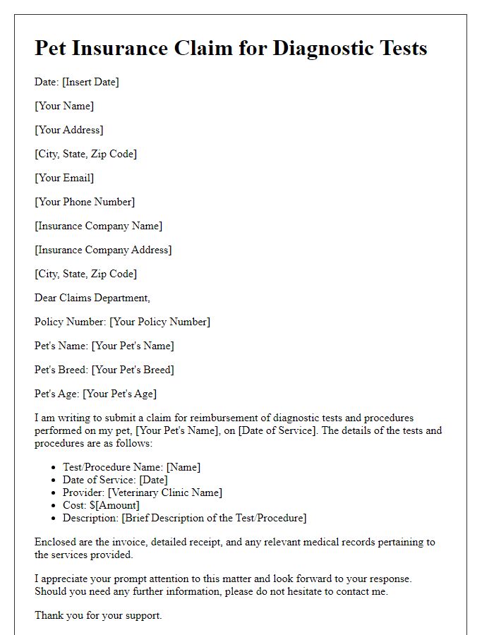 Letter template of pet insurance claim for diagnostic tests and procedures.