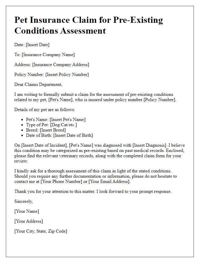 Letter template of pet insurance claim for pre-existing conditions assessment.