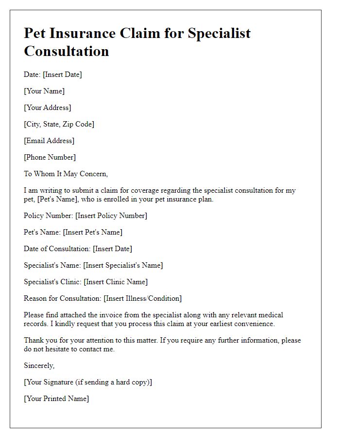 Letter template of pet insurance claim for specialist consultations regarding illness.