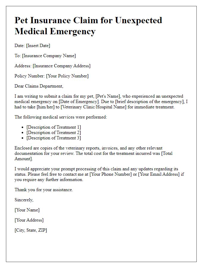 Letter template of pet insurance claim for unexpected medical emergencies.