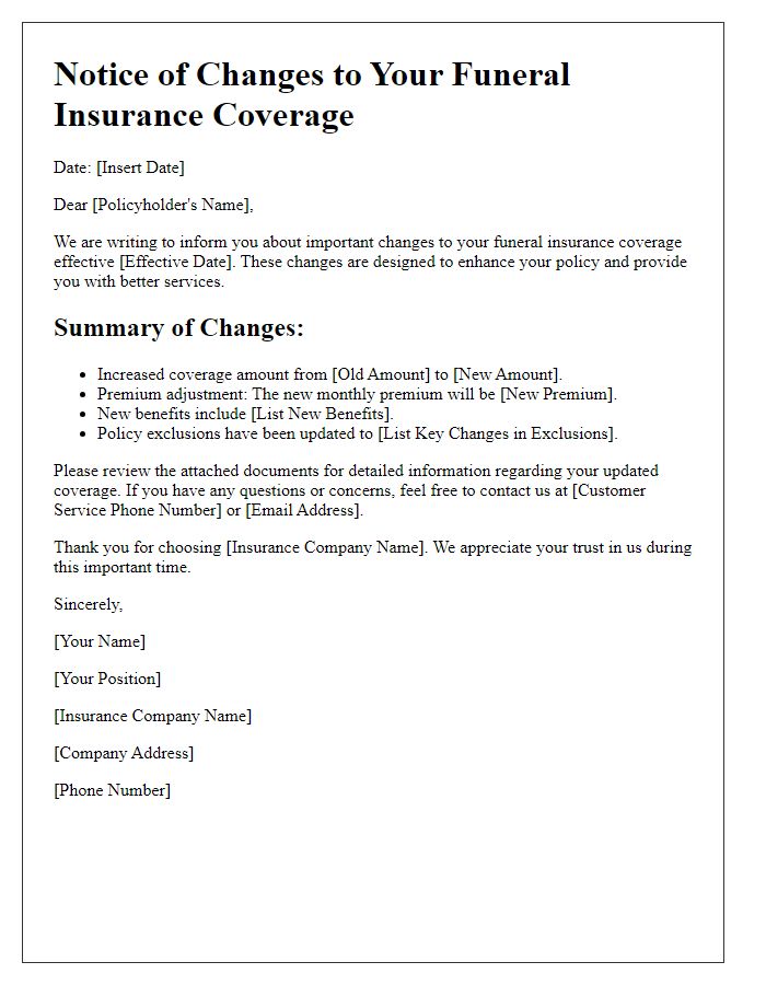 Letter template of changes to your funeral insurance coverage