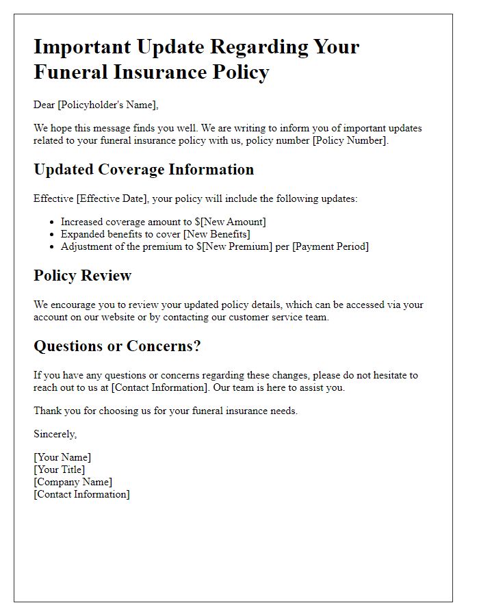 Letter template of important updates for your funeral insurance policy