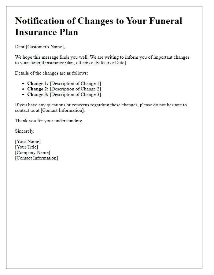 Letter template of notification for funeral insurance plan changes