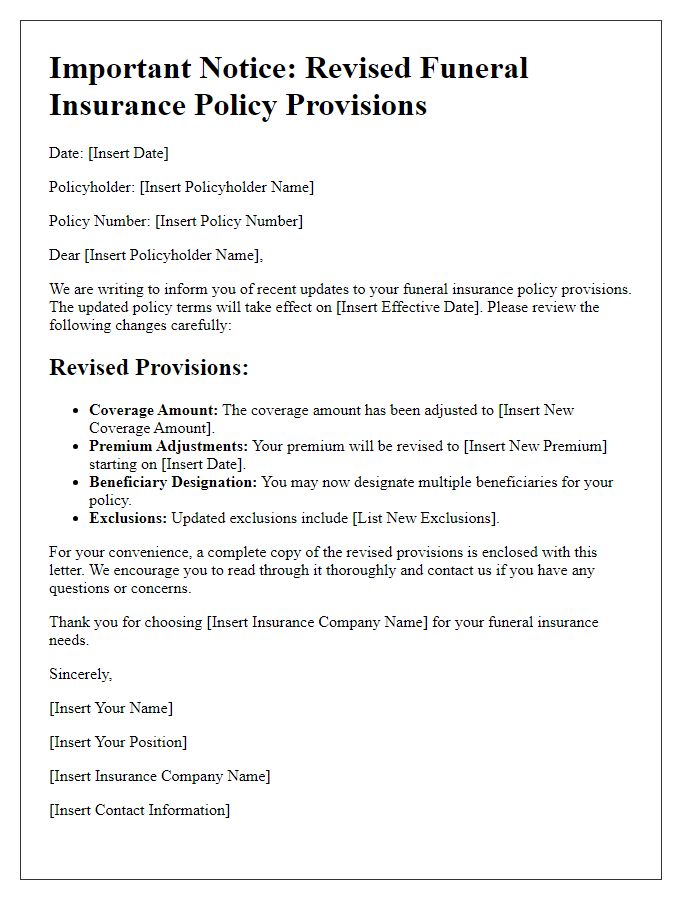 Letter template of revised funeral insurance policy provisions