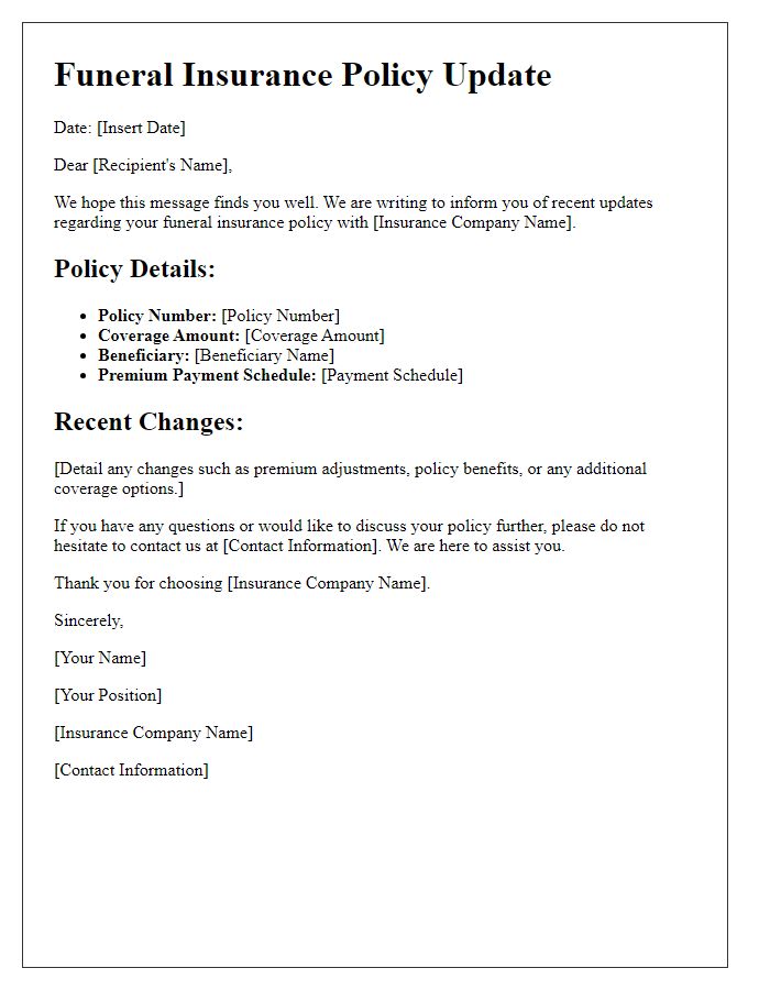 Letter template of updates regarding funeral insurance policy details