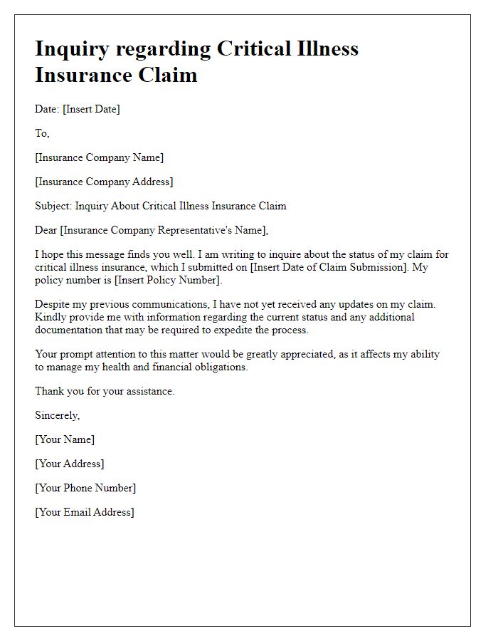 Letter template of critical illness insurance claim inquiry