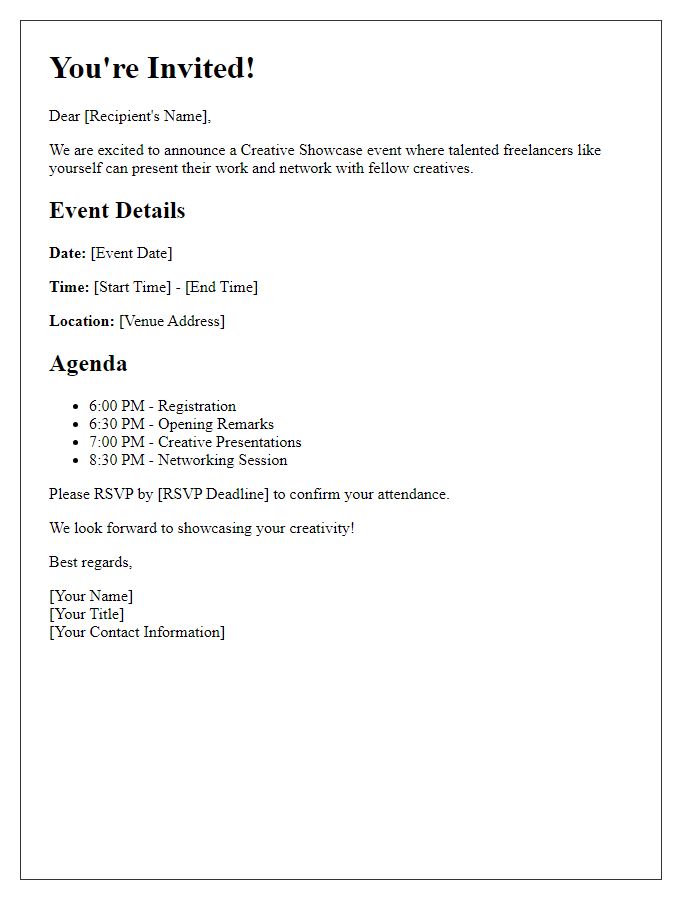 Letter template of freelance event invitation for creative showcases