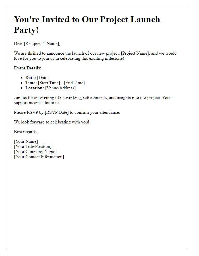 Letter template of freelance event invitation for project launch parties