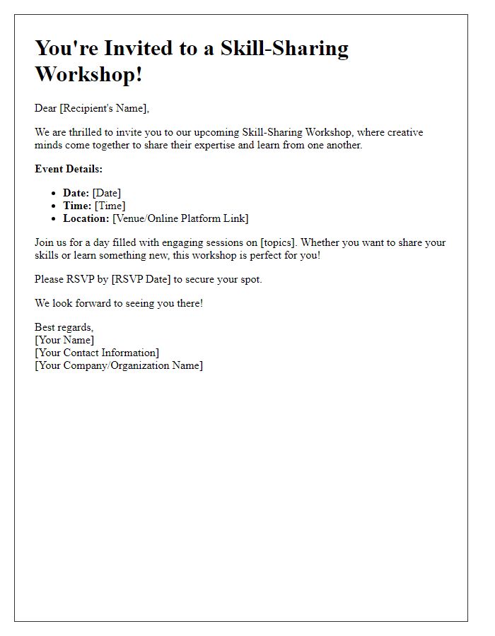 Letter template of freelance event invitation for skill-sharing workshops