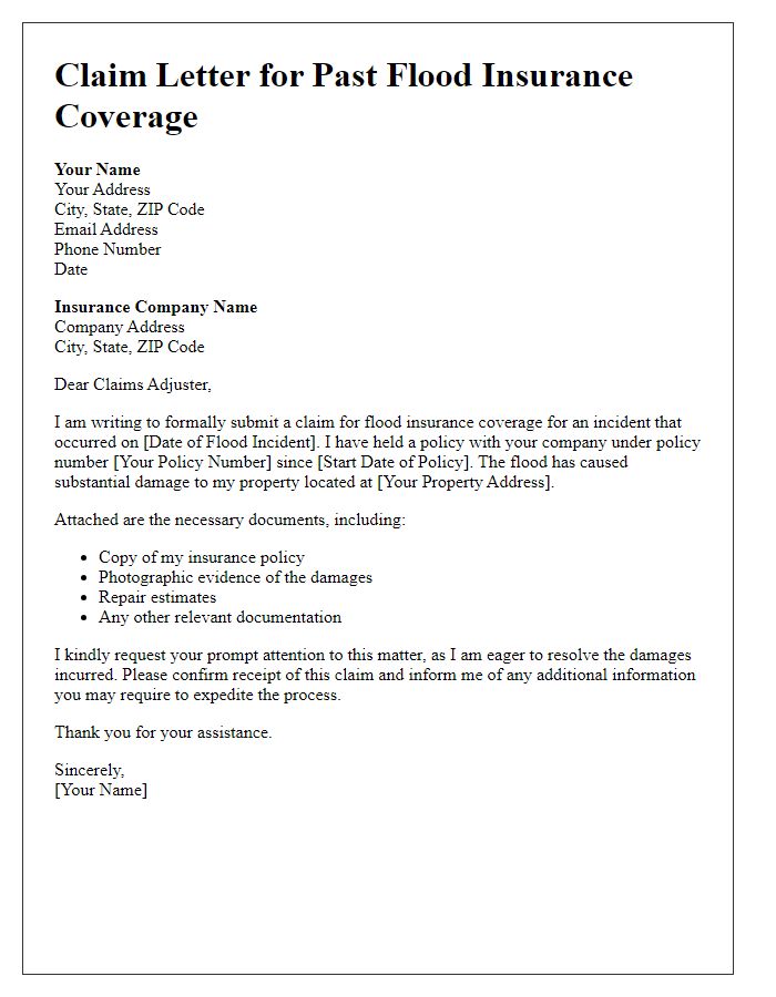 Letter template of claim for past flood insurance coverage