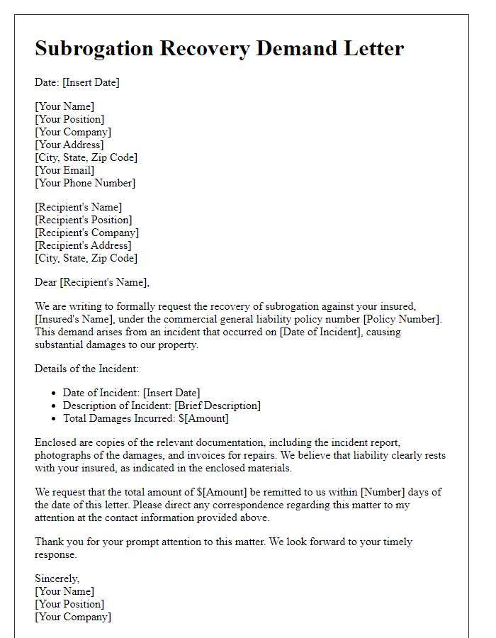 Letter template of subrogation recovery demand for commercial general liability insurance