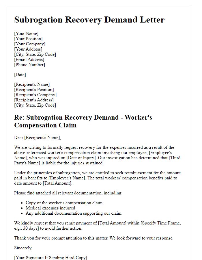 Letter template of subrogation recovery demand for worker's compensation claims