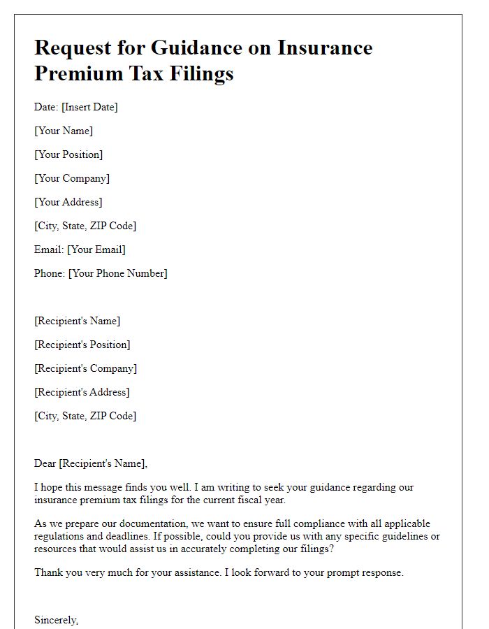 Letter template of request for guidance on insurance premium tax filings