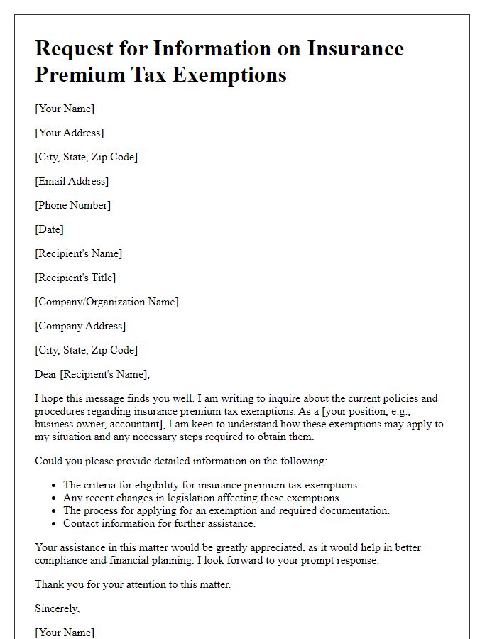 Letter template of seeking information on insurance premium tax exemptions