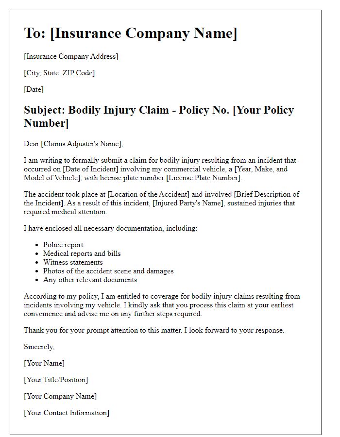 Letter template of commercial auto insurance claim for bodily injury.