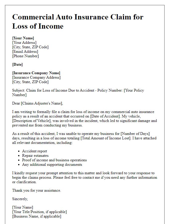 Letter template of commercial auto insurance claim for loss of income due to accident.