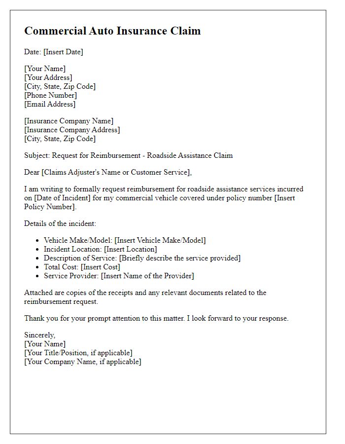 Letter template of commercial auto insurance claim for roadside assistance reimbursement.