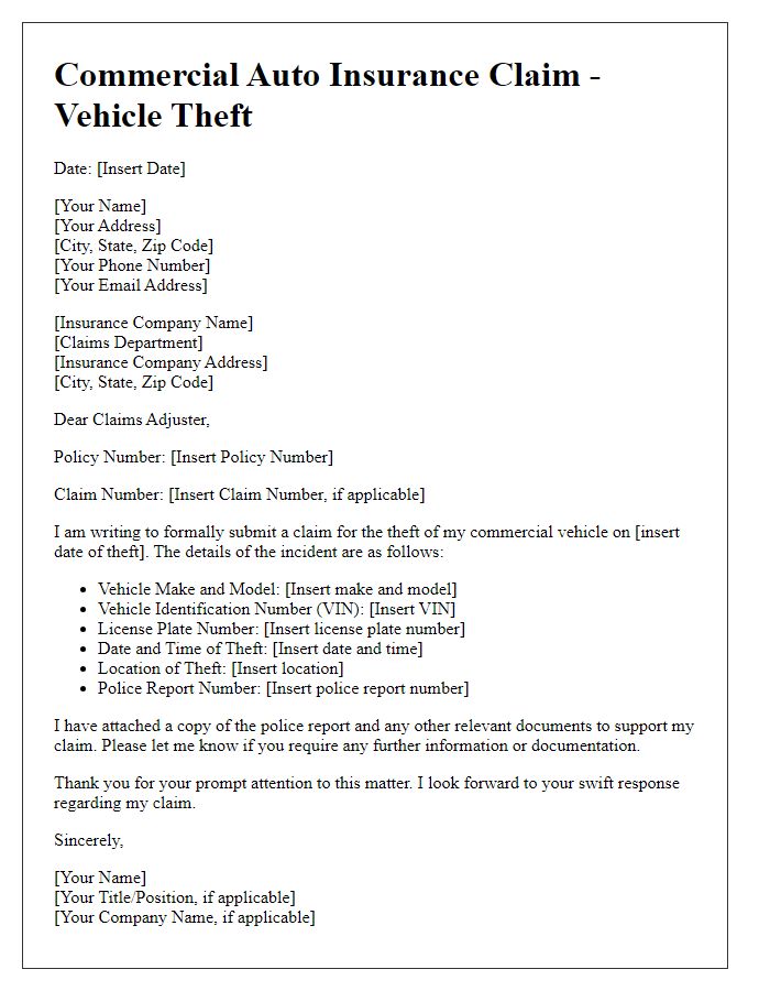 Letter template of commercial auto insurance claim for theft of vehicle.