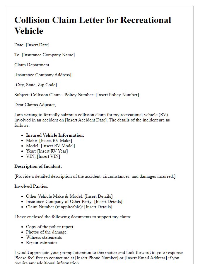 Letter template of collision claim for recreational vehicle