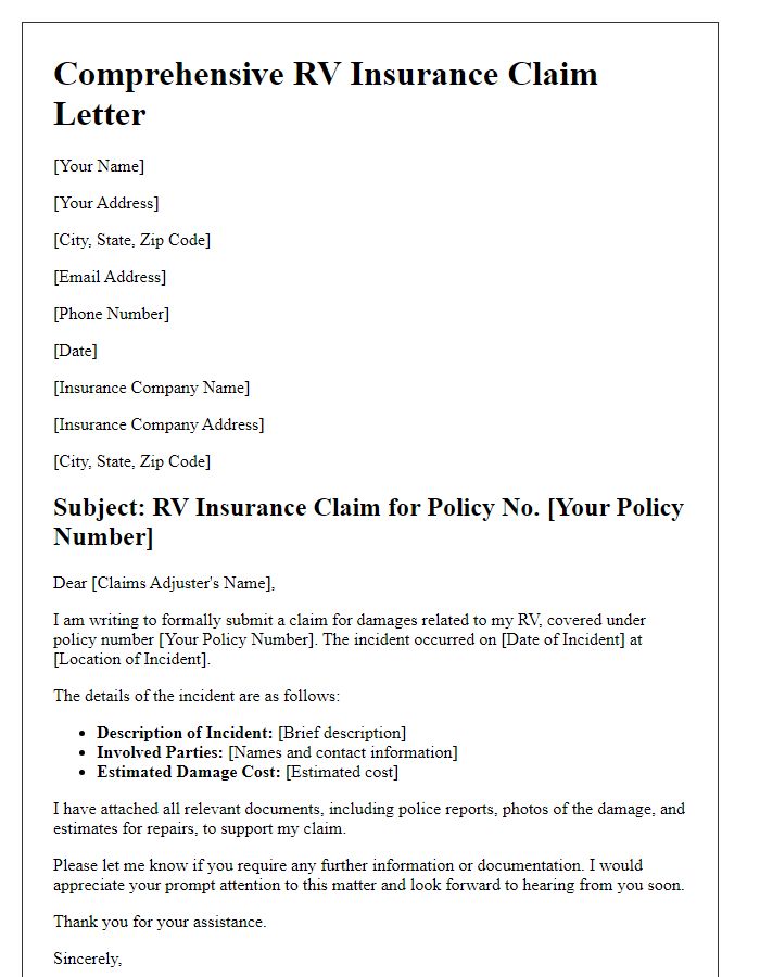 Letter template of comprehensive RV insurance claim