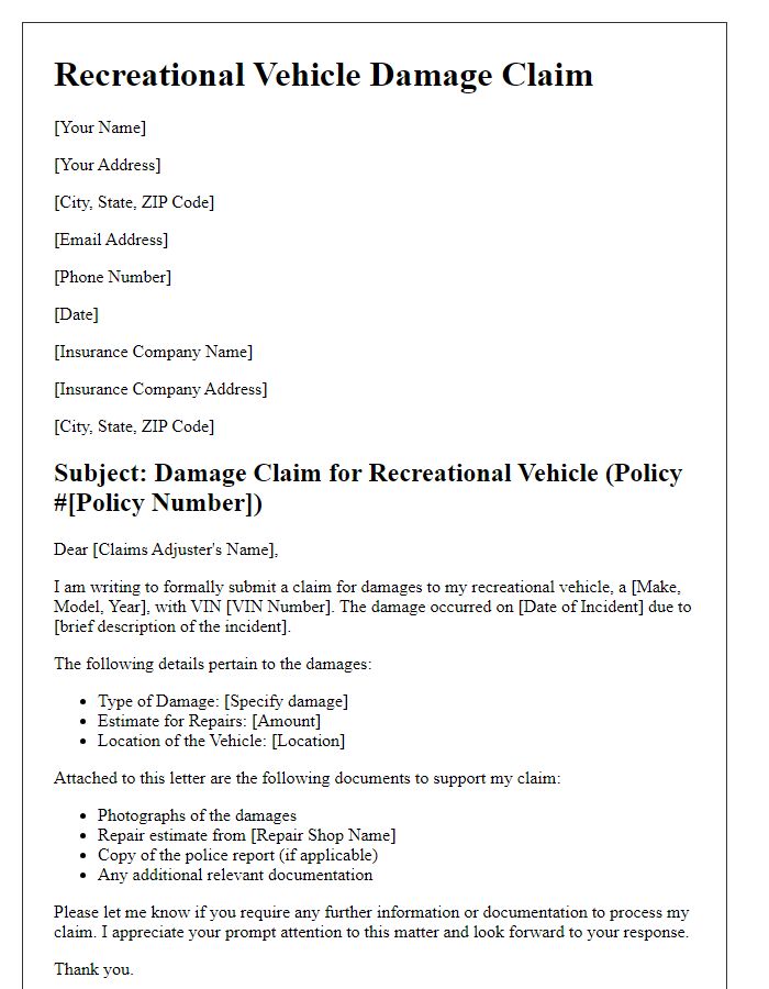 Letter template of recreational vehicle damage claim