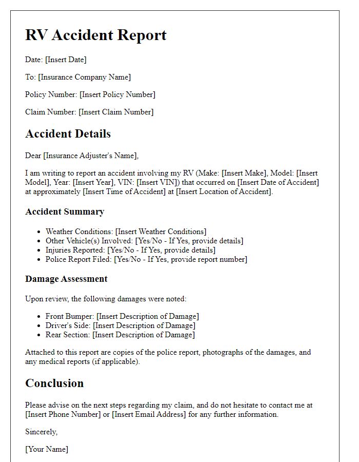 Letter template of RV accident report for insurance