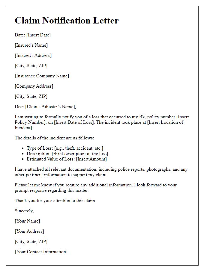 Letter template of RV insurance loss notification