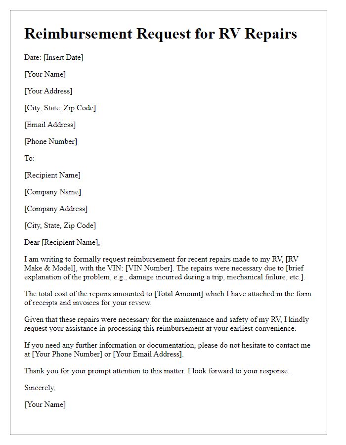 Letter template of RV repair reimbursement request