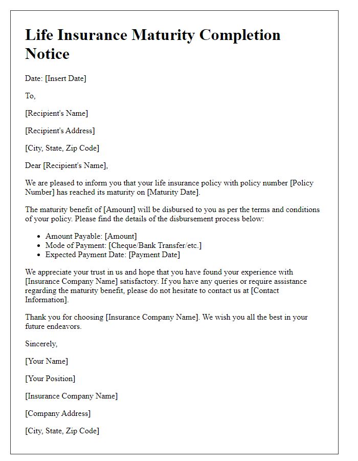 Letter template of life insurance maturity completion notice