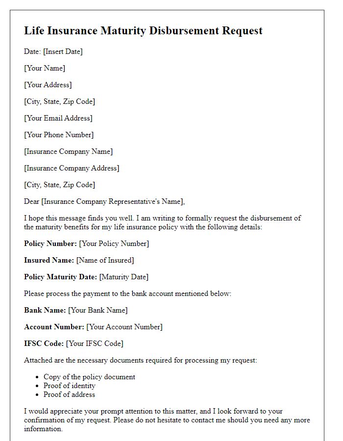 Letter template of life insurance maturity disbursement request