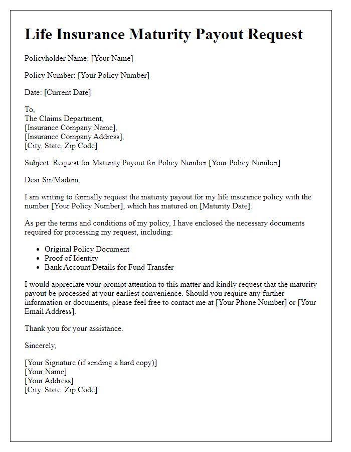 Letter template of life insurance maturity payout request