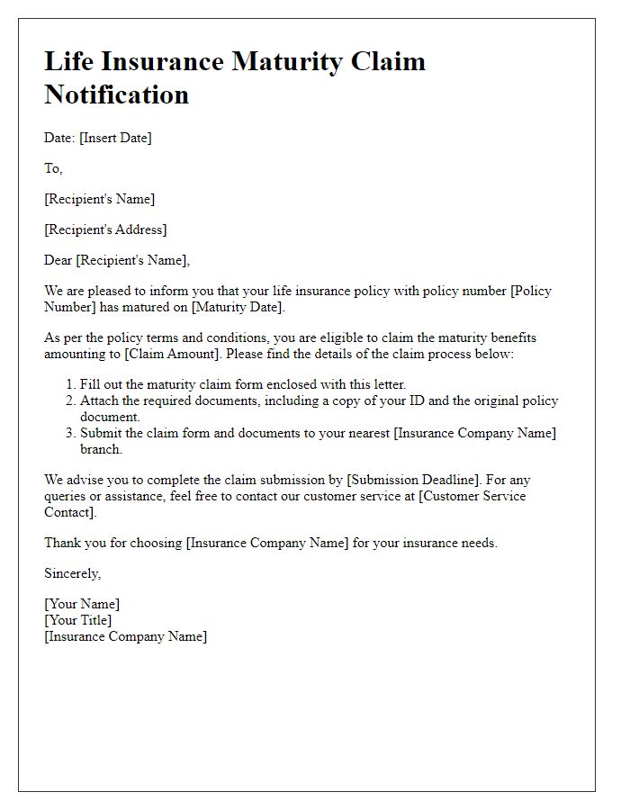 Letter template of notification for life insurance maturity claim