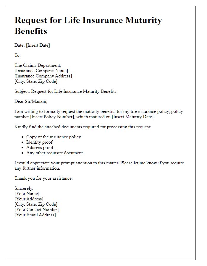 Letter template of request for life insurance maturity benefits