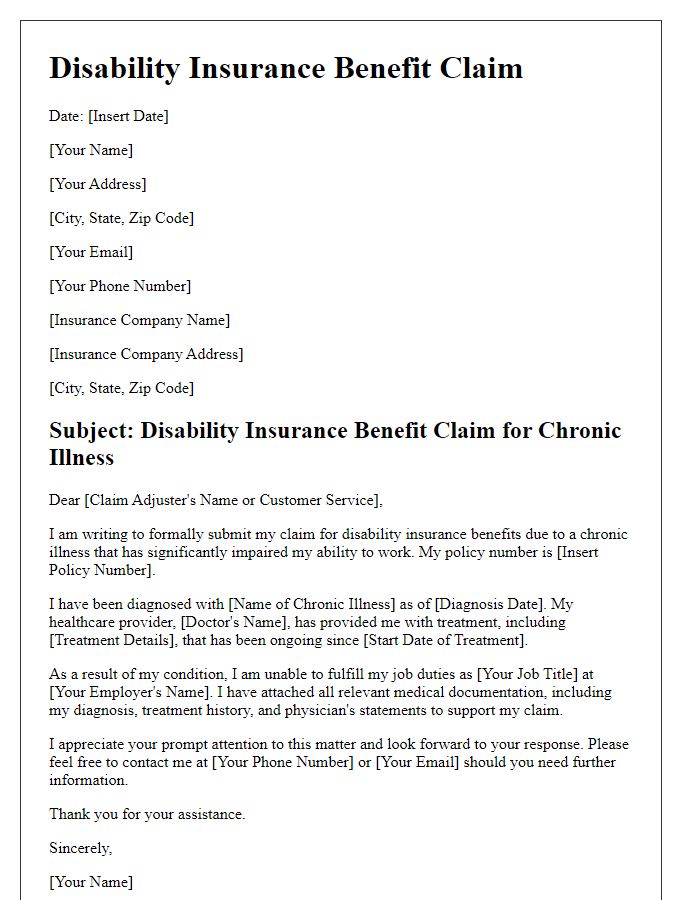 Letter template of disability insurance benefit claim for chronic illness