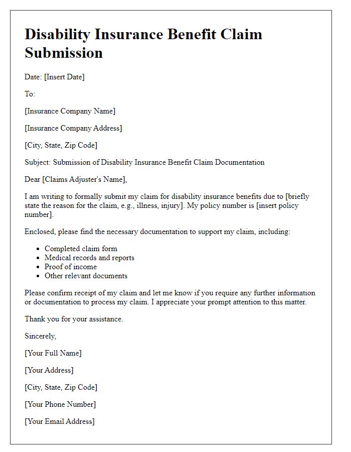 Letter template of disability insurance benefit claim documentation submission