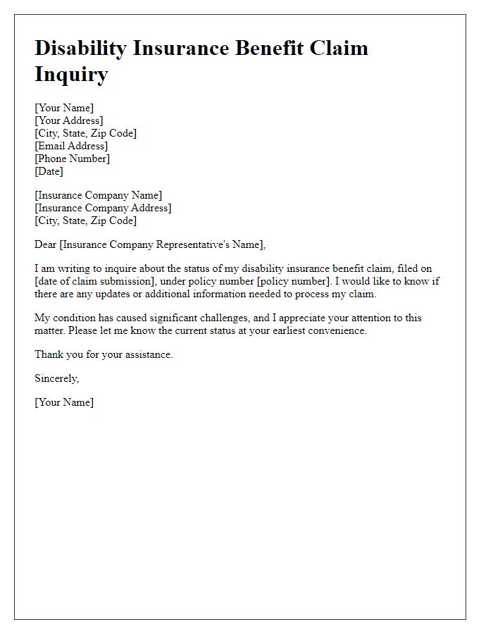 Letter template of disability insurance benefit claim inquiry