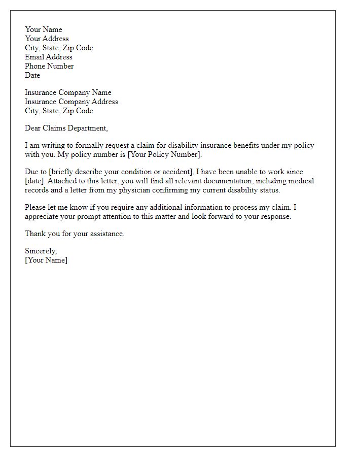 Letter template of disability insurance benefit claim request