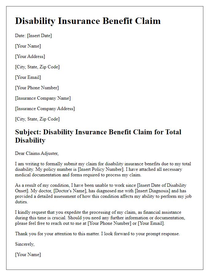 Letter template of disability insurance benefit claim for total disability