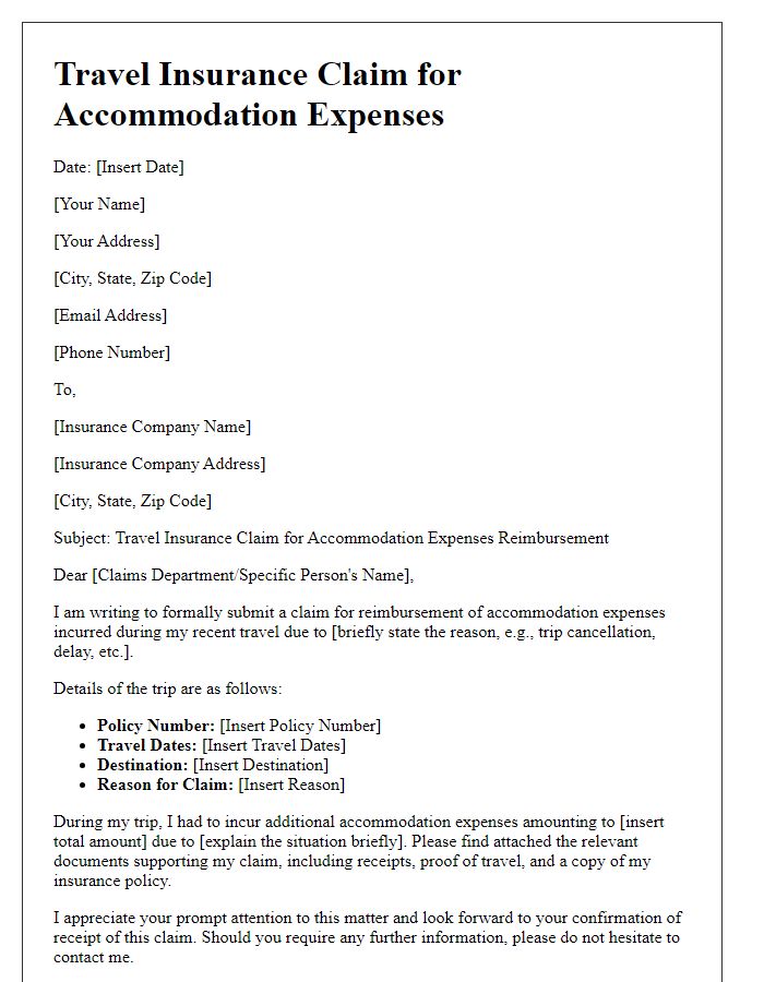 Letter template of travel insurance claim for accommodation expenses reimbursement