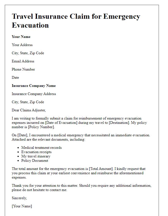 Letter template of travel insurance claim for emergency evacuation reimbursement