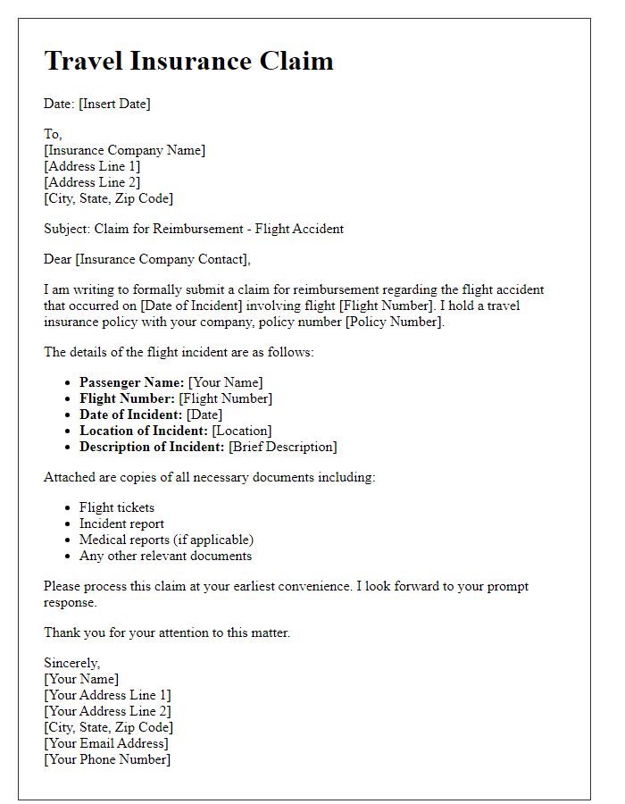 Letter template of travel insurance claim for flight accident reimbursement