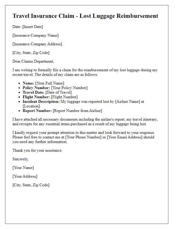 Letter template of travel insurance claim for lost luggage reimbursement