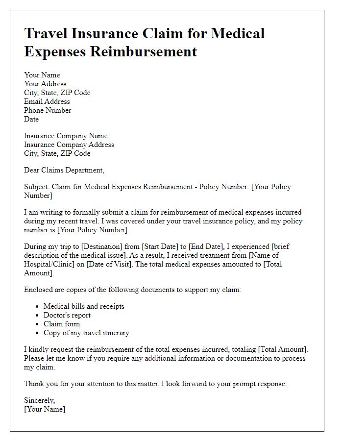 Letter template of travel insurance claim for medical expenses reimbursement